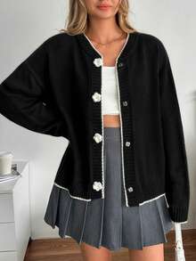SHEIN Black Lightweight Knit Cardigan With Contrast Trim And 3D Flower Buttons Elegant Chic Long Sleeve Sweater Spring Outfit - Black - View 8
