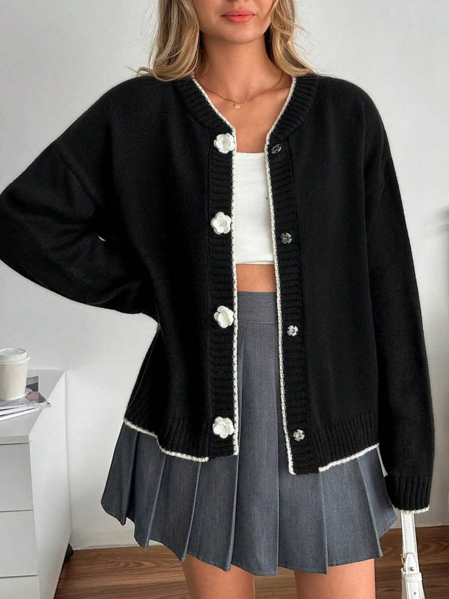 SHEIN Black Lightweight Knit Cardigan With Contrast Trim And 3D Flower Buttons Elegant Chic Long Sleeve Sweater Spring Outfit - Black - View 1