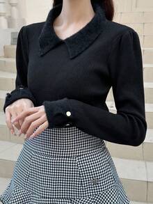FRIFUL Sweater Kasual Wanita Lengan Panjang Kerah Lipat Warna Polos dengan Kancing - Hitam - View 2