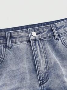 ROMWE MEN Men's Cross & Floral Embroidered Color Block Fashion Jeans - Blue - View 4