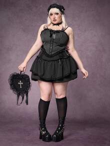 ROMWE Áo crop top thắt nơ vải kẻ sọc tối màu Gothic cỡ lớn dành cho nữ, có thể mặc như áo lót - màu đen - Xem 2