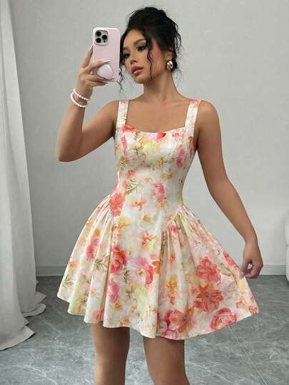 Elenzga Ärmlös draperad halsringning i midjan, samlad A-linjeformad elegant romantisk klänning, lämplig för vår-/sommartebjudning