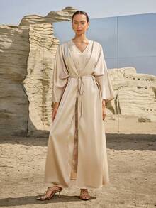 Al Najma Women's V-Neck Pleated Floral Embroidery Pattern Elegant Party Arabic Dress - Apricot - View 5