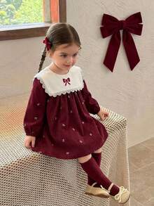 Souflis Souflis 2025秋冬新款法式复古浅粉色长袖蝴蝶结装饰连衣裙，适合外出及多种场合，女婴连衣裙