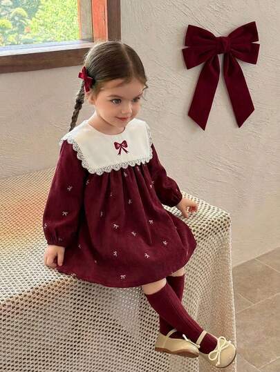 Souflis Souflis Valentine's Day 2025 Autumn/Winter New French Retro Light Pink Long Sleeve Bow Decor Dress, Suitable For Outings And Multiple Occasions, Baby Girl Dress,Vacation