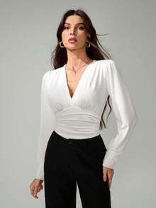 SHEIN Tall 纯色裹身领口褶皱时尚连体衣 - 白色 - 查看 5