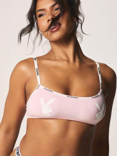 Missguided x Playboy Logo Bralette With Contrast Brand Tape Straps Soft Cup Pullover Style Lingerie Top