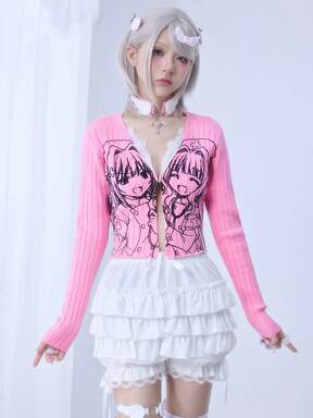 Kawaii Cute Sweet Pink Anime Girl Print Contrast Lace Women Sweater