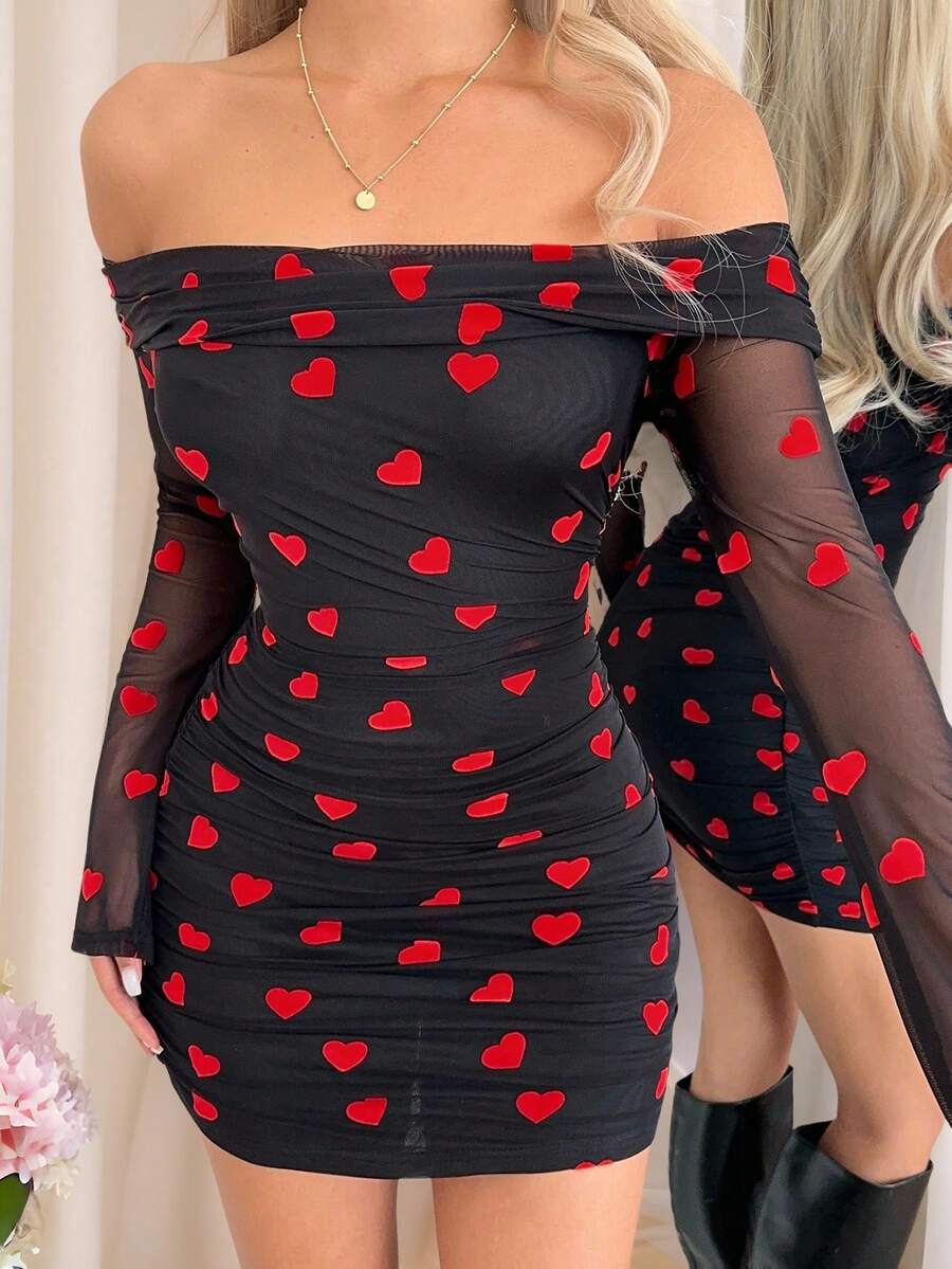 SHEIN EZwear 1 chiếc váy ôm sát tay dài hở vai gợi cảm dành cho nữ - màu đen - Xem 1