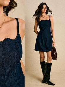 Poéselle 女士纯色简约休闲牛仔吊带裙 牛仔迷你裙 牛仔连衣裙 女式牛仔连衣裙 荷叶边牛仔连衣裙 牛仔吊带裙 方领牛仔连衣裙 女式牛仔连衣裙 修身牛仔连衣裙 女式牛仔连衣裙 - 深色水洗藍 - 查看 1