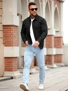 Manfinity Homme Men's Slim Fit Military Green Casual Denim Jacket - Black - View 4