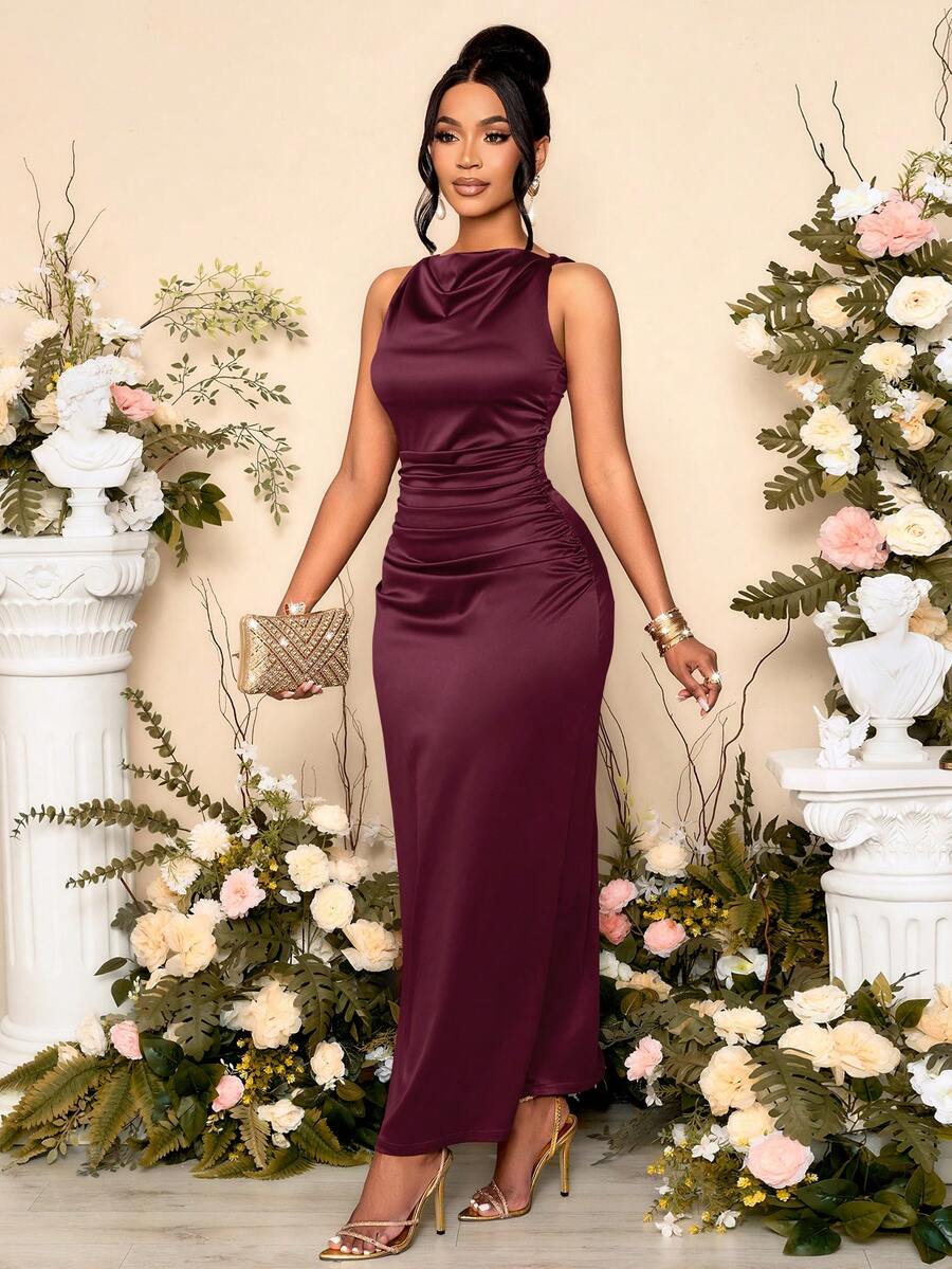 Vestido de fiesta elegante de mujer con cuello drapeado y mangas sin mangas fruncido de unicolor, perfecto para banquetes - Rosa Roja - Ver 1