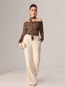 Modelyn Autumn Knitted Sexy Sheer Mesh Ribbon Print T-Shirt - Brown - View 3