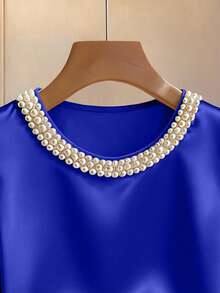 Franclia Summer New Fashion Sweet Design Beaded Round Neck Short Sleeve Casual Puff Sleeve Women Blouse - Blue - View 3