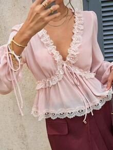 Elegant Light Pink Chiffon Lace Trim Tie Front Blouse - Baby Pink - View 4