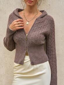 Cévolie Women's Raglan Sleeve Zip-Up Casual Cable Knit Hooded Cardigan - Coffee Brown - View 4