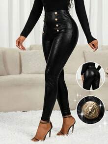 SHEIN Lady 女士时尚金属扣高腰打底裤