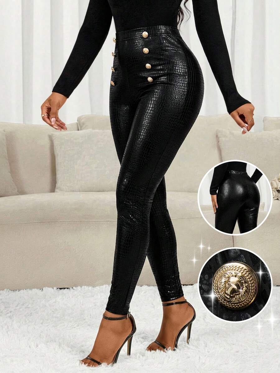 SHEIN Lady 女士时尚金属扣高腰打底裤