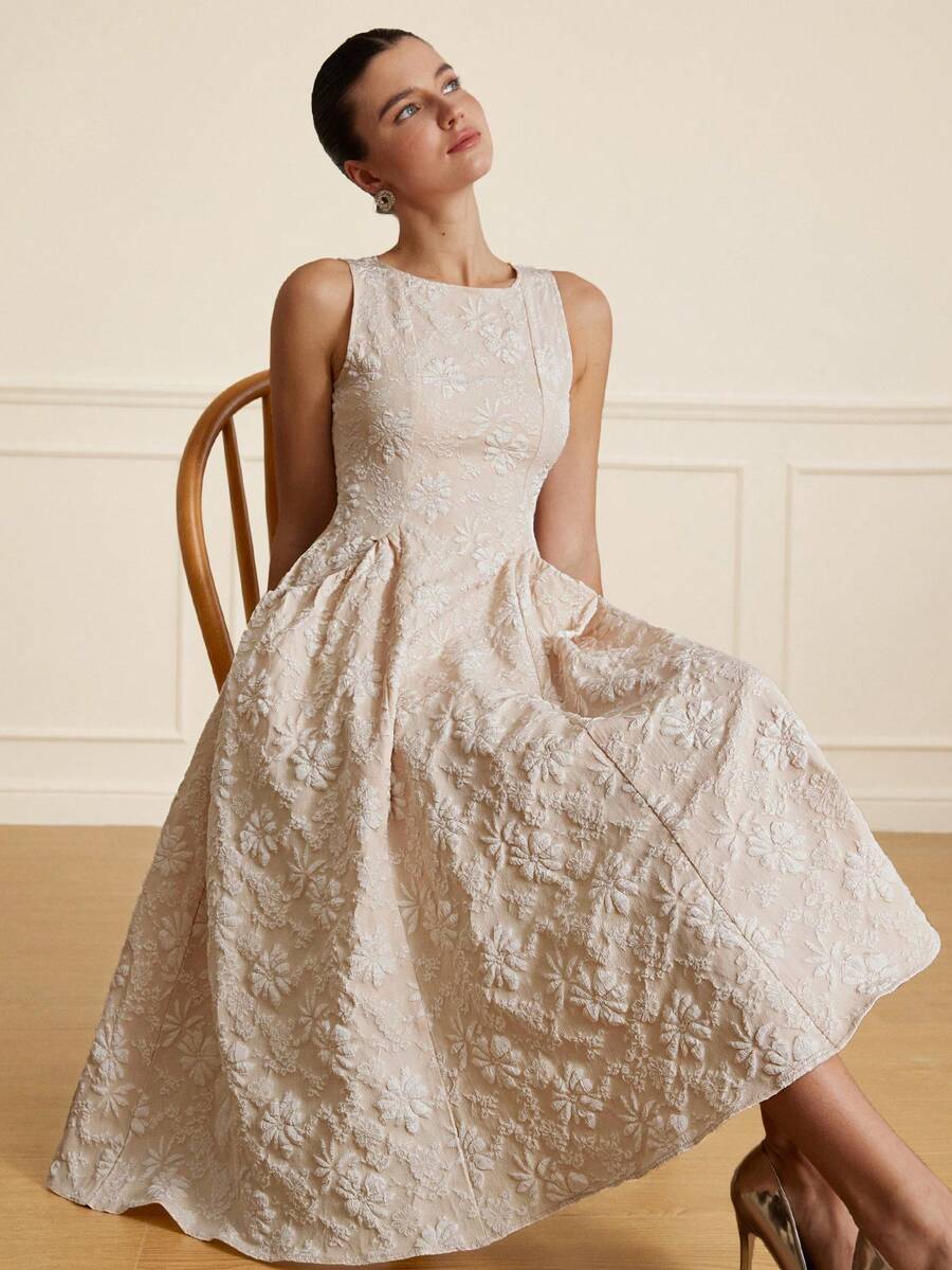Aveloria EMERY ROSE Đầm midi không tay, chất liệu jacquard mới, có túi ở eo. - Màu be - Xem 1
