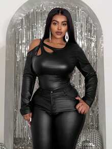 Slaydiva 2026 New Sexy Cutout Twist Hollow Long Sleeve PU Bodysuit - Black, Suitable For Easter, Western Holidays, New Year, Valentine's Day, Street Style, Gyaru - Black - View 4