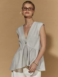 COSMINA 女士优雅深V领宽松百搭吊带背心，四季皆宜，亚麻材质，浅灰色，不对称设计，无袖，荷叶边领口 - 杏色 - 查看 5