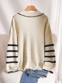 CosyJoli Plus Size Casual Color Block Trim V-Neck Pullover Sweater Fall/Winter - Beige - View 2