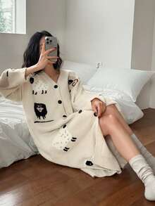 DAZY Women's Cozy Fleece Sheep Pattern Robe, Casual Loungewear For Autumn/Winter - Apricot - View 8