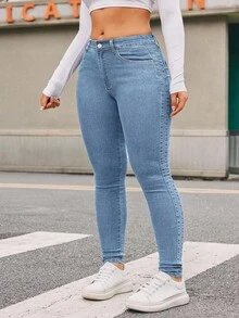 SHEIN ICON Celana Jeans Slim Fit Kasual Ukuran Plus untuk Komuter - Biru - View 3