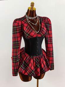 Amplova 女士格子拼接腰部迷你连衣裙，性感前卫，适合万圣节、圣诞节、约会之夜、秋冬季穿着。 - 彩色 - 查看 5