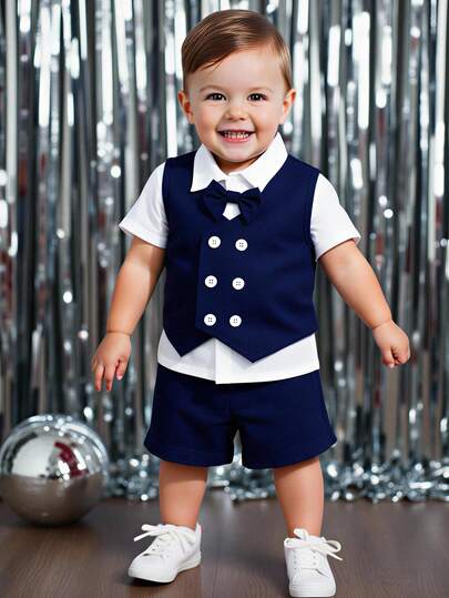 Bộ quần áo lịch lãm 3 món cho bé trai: Áo sơ mi ngắn tay + Áo vest hai hàng cúc + Quần short kèm nơ, thích hợp cho tiệc sinh nhật, lễ kỷ niệm, biểu diễn, đám cưới, lễ rửa tội, năm mới, quần áo trẻ em, bộ đồ bé trai, bộ vest trẻ sơ sinh.