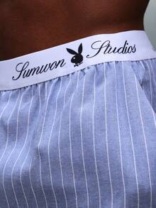 PLAYBOY X SUMWON Pinstripe Waistband Logo Regular Fit Casual Elasticated Summer Lightweight Cotton Blend Bermuda Casual Walking - Blue and White - View 4