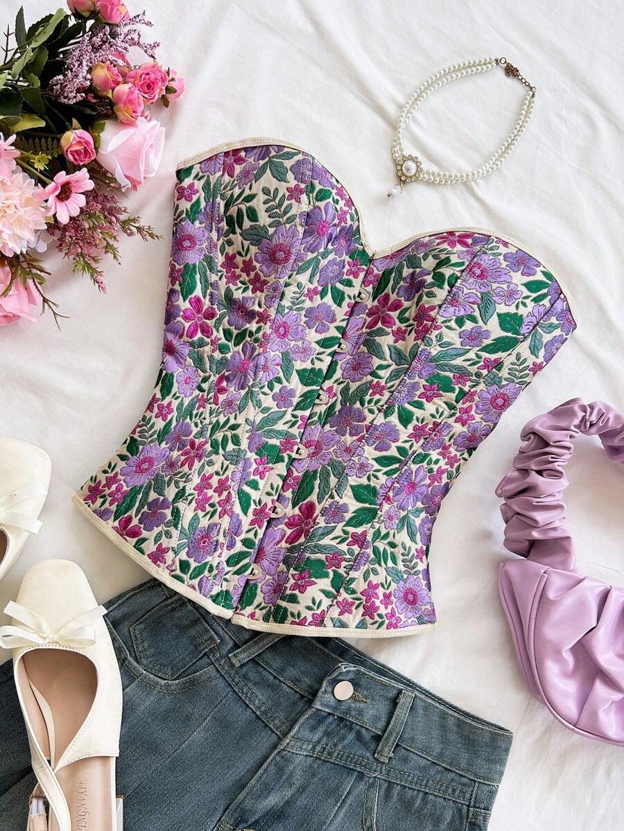 Soleia Vintage Palace Style Colorful Floral Jacquard Print Tube Top With Button And Tie Back Design, Suitable For Vacation Summer Spring Valentine's Day Casual Vacation  Beach Wedding Birthday Going Out Elegant Casual Vacation - Multicolor - View 1