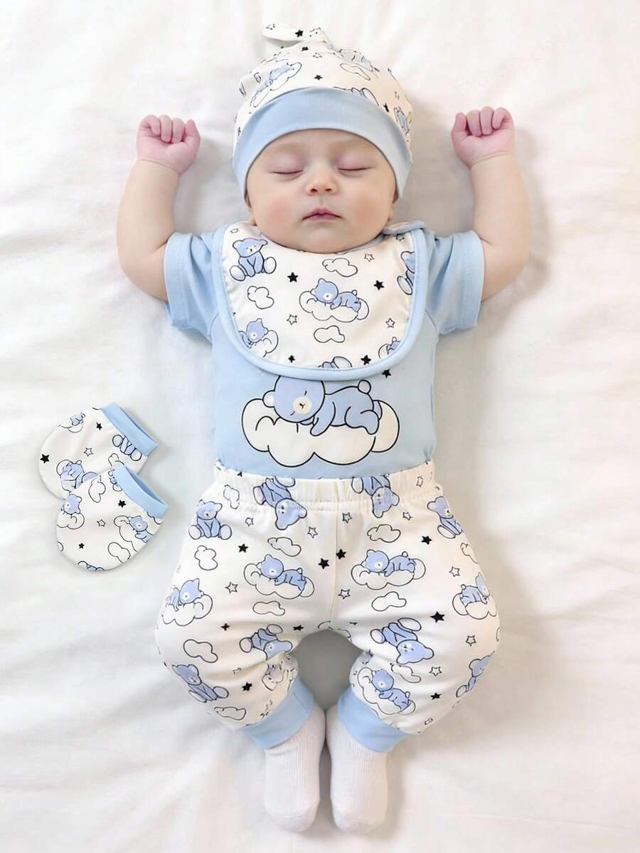 SHEIN 5pcs/Set Newborn Baby Boy Summer Outfit, Includes Cute Bear Print Knit Soft Bodysuit, All-Over Print Pants, Hat, Bib, Gloves Newborn Baby Boy Going Home Outfit Baby Boy Clothes With Bear Print Baby Unisex Clothes Sets Baby Boy Romper And Pants Set Baby Hat And Mittens Set 2pcs Newborn Baby Boy Romper With Pants - Baby Blue - View 1