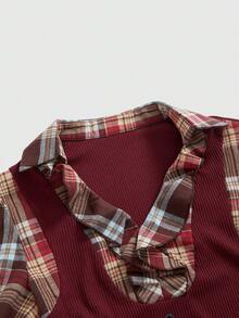 ROMWE Goth 返校季复古哥特格子拼接长袖衬衫，大码女装 - 彩色 - 查看 3