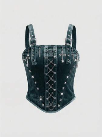 Goth Canotta in velluto da donna con cornice in metallo a croce, stile gotico hardcore con catena e borchie