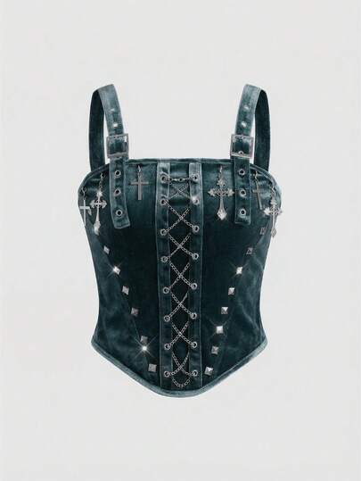 Débardeur en velours style gothique hardcore avec cadre métallique en croix et chaîne à rivets pour femmes