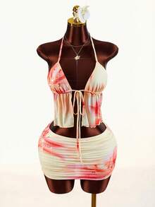 Amplova Women's Floral Print Tie Front Halter Neck Crop Top And Bodycon Mini Skirt Sexy 2 Piece Set - Multicolor - View 6