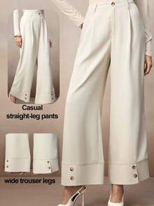 Modelyn Women's Elegant Wide Leg Loose Fit Long Straight Pants, Basic Daily Trousers - Khaki - View 2