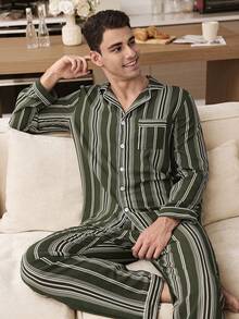SHEIN 绿白条纹印花泡泡褶皱男士长袖衬衫和裤子睡衣套装