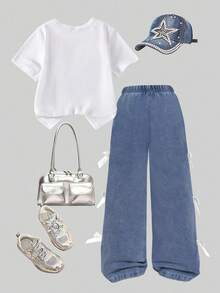 SHEIN ChillGRL Tween Girls Aesthetic Blue And White Fitted T-Shirt And Denim Pants Co-Ords With Bow Graphic And Side Bow Detail Cute Outfit Blue Girl Outfit Denim Matching Set Blue And White Jean Outfits Bow Outfit Jean Outfit Set Denim Outfit Set Bow Jean Outfit - Blue and White - View 2