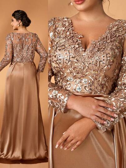 Serin 大码优雅奢华香槟色亮片刺绣缎面V领长袖拼接鱼尾连衣裙，适合晚宴、鸡尾酒会、约会、舞会、度假、婚礼、新娘母亲礼服