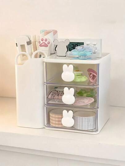1 pieza Caja de almacenamiento de 3 capas, con soporte para bolígrafos, organizador de escritorio de oficina multifuncional, asa con forma de conejo, adecuado para decoración de mesa de comedor y accesorios de escritorio de oficina.