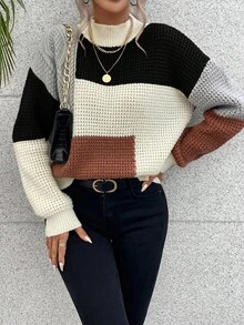 EMERY ROSE Áo len chui đầu tay dài cổ đứng, vai rớt, phối màu tương phản, kiểu dáng thường ngày. - Nhiều màu - Xem 4