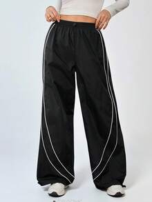 SHEIN Tall Damen Lässig Hose mit Kordelzug, hoher Taille und weitem Bein - Schwarz - Übersicht 4