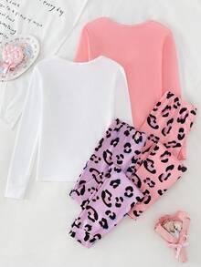 4pcs Girls' Heart & Leopard Print Long Sleeve Top And Leggings Snug Fit Pajama Set - Multicolor - View 2