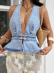 Sunnyshic 女士性感露背吊带牛仔外套，度假必备 - 藍色 - 查看 7