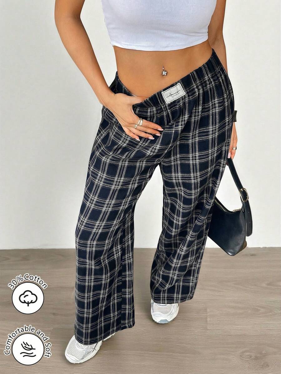 Aidyla 女士格子图案拉绒弹力腰休闲宽松裤，秋季款 - 藍色 - 查看 1