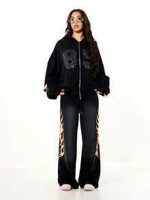 SUMWON WOMEN Oversized Washed Black Sweatpants With Orange Flame Print Wide Leg Drawstring Waist Casual Loungewear Pants - Black - View 3