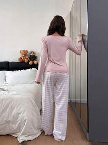 Dream Adore Women's Pullover Button-Up Long Sleeve Striped Print Pajama Set