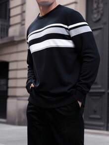 Manfinity Homme Modern Casual Men's Black Knitwear Sweater With Horizontal Stripes And Rib-Knit Details - Black - View 3
